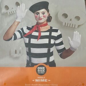 Adult Mime Beret Scarf Suspenders, and gloves